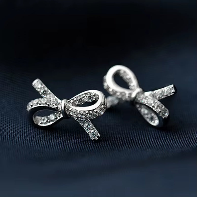 New Hot Fashion 925 Sterling Silver Crystal Bowknot Earrings for Women Girls Gift Fashion Statement Jewelry Korean Earrings