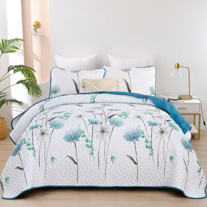 Floral Quilt Set Queen Size Teal Bedspread Coverlet Botanical 3 Pieces Summer Quilts Microfiber Lightweight Blue Bedsprea