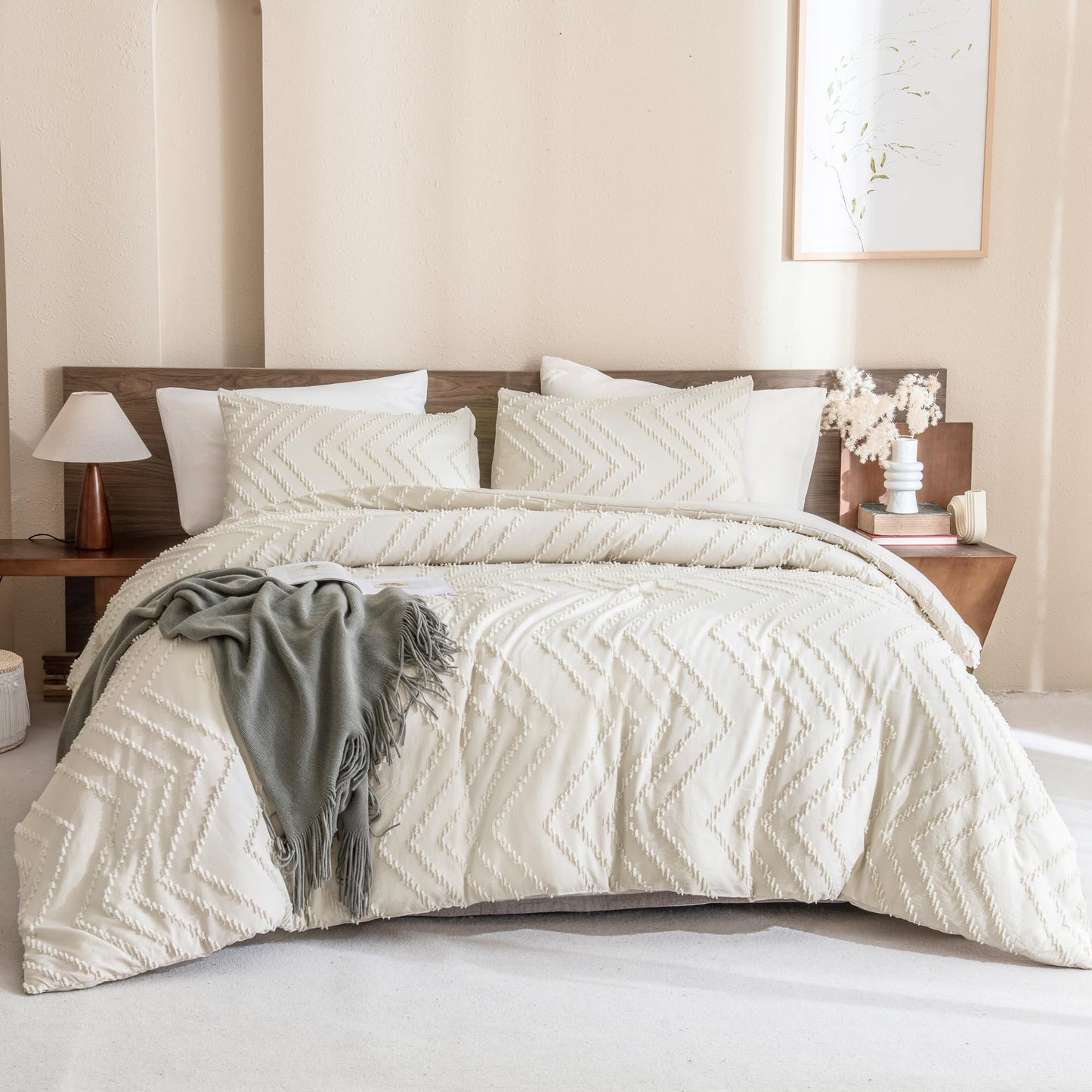 Queen Comforter Set Beige Comforters Queen Size Boho Cream Soft Warm Tufted Neutral Bedding Comforter Sets for Queen Bed