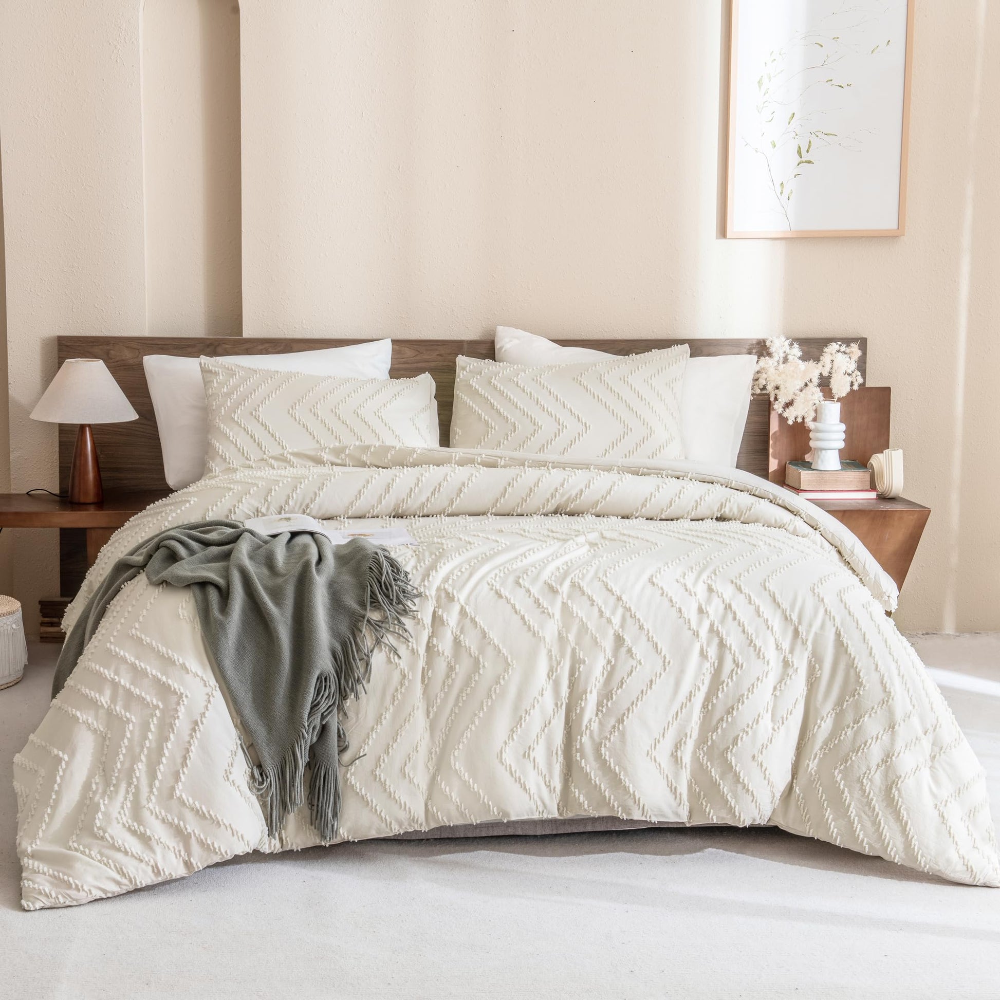Queen Comforter Set Beige Comforters Queen Size Boho Cream Soft Warm Tufted Neutral Bedding Comforter Sets for Queen Bed