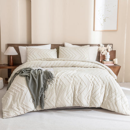 Queen Comforter Set Beige Comforters Queen Size Boho Cream Soft Warm Tufted Neutral Bedding Comforter Sets for Queen Bed