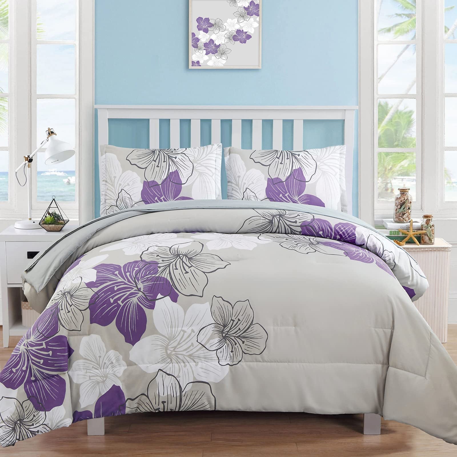 Purple Comforter Set Queen Size, Purple Floral Pattern Printed on Light Grey, Soft Microfiber 7 Pieces Bed in a Bag (1 Comforter