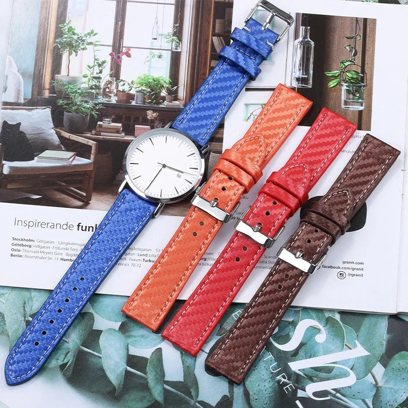 Carbon Fiber Leather Watchbands Calfskin Replace Wristwatch Straps 18Mm 20Mm 22Mm 24Mm Watch Accessory Men Women Soft Watchband