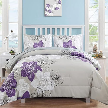 Purple Comforter Set Queen Size, Purple Floral Pattern Printed on Light Grey, Soft Microfiber 7 Pieces Bed in a Bag (1 Comforter