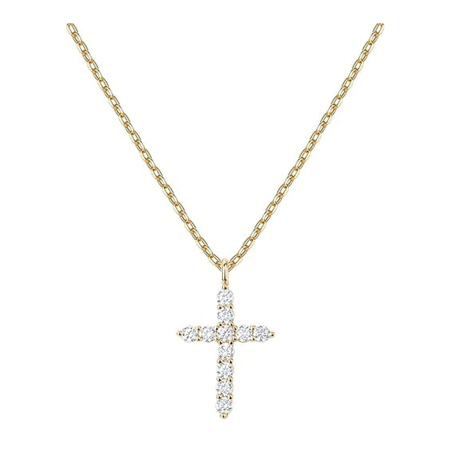 18K Yellow Gold Created White Sapphire Petite Cross Necklace Plated