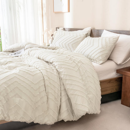 Queen Comforter Set Beige Comforters Queen Size Boho Cream Soft Warm Tufted Neutral Bedding Comforter Sets for Queen Bed