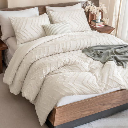 Queen Comforter Set Beige Comforters Queen Size Boho Cream Soft Warm Tufted Neutral Bedding Comforter Sets for Queen Bed
