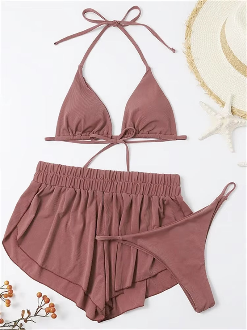 Sexy Front Tie 3 Piece Bikini Set 2026 Women Brown Push up Padded High Waist Swimsuit Female Beach Bathing Suit Swimwear Biquini