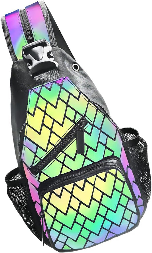 Geometric Cross Body Bag Sling Bag Backpack Holographic(Blue) | Luminous Holographic, Color Change, Flash Reflective, Rave Accessories