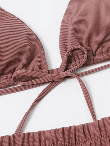 Sexy Front Tie 3 Piece Bikini Set 2026 Women Brown Push up Padded High Waist Swimsuit Female Beach Bathing Suit Swimwear Biquini