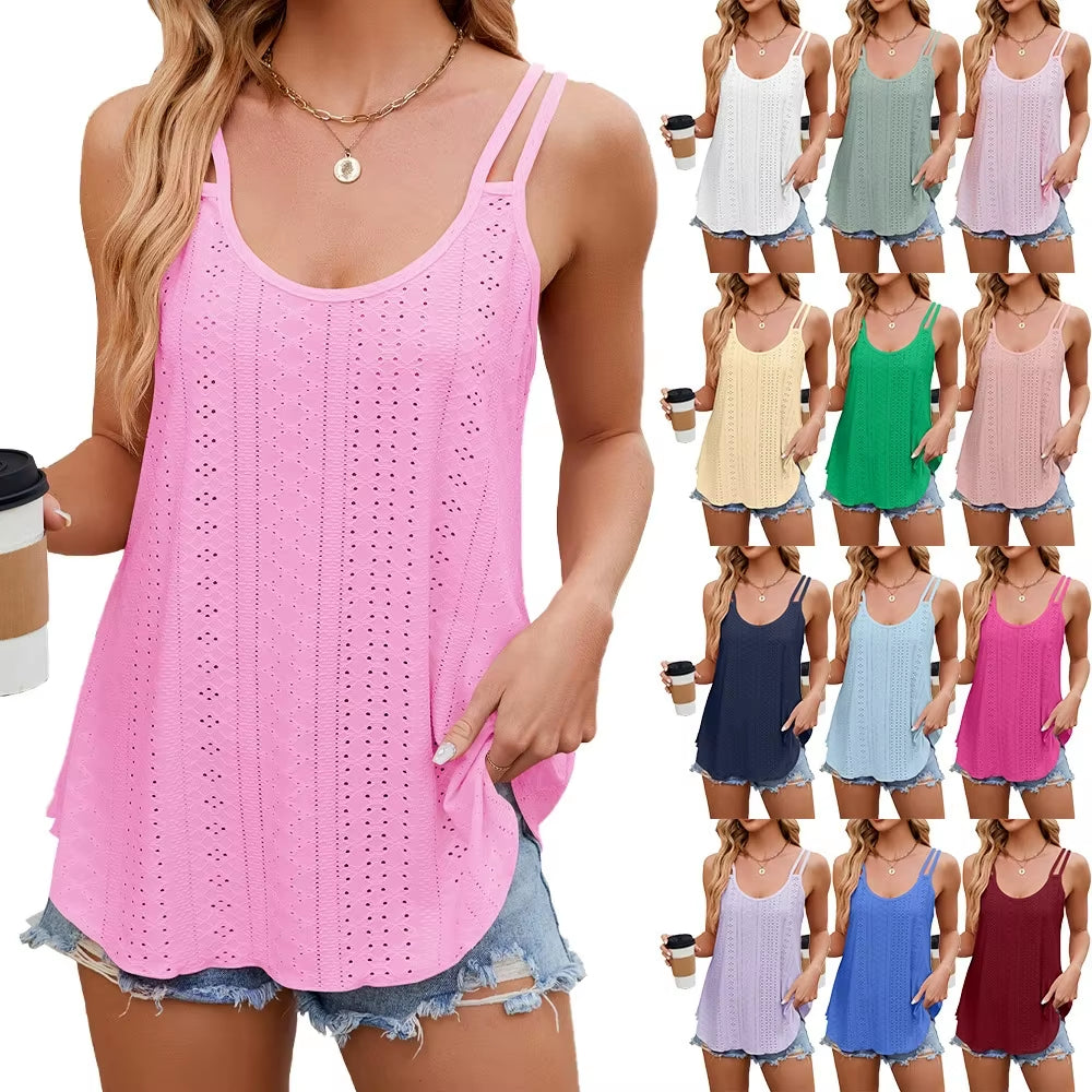 Women'S Casual Solid Color round Neck Base Camisole Tank Top Loose Fitting Slightly Elastic Cotton Knitted Quick Dry For