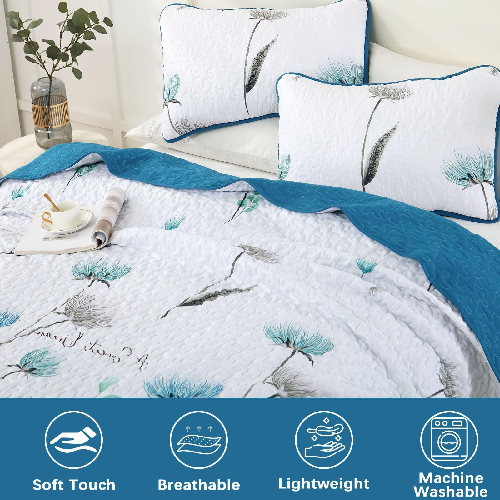 Floral Quilt Set Queen Size Teal Bedspread Coverlet Botanical 3 Pieces Summer Quilts Microfiber Lightweight Blue Bedsprea