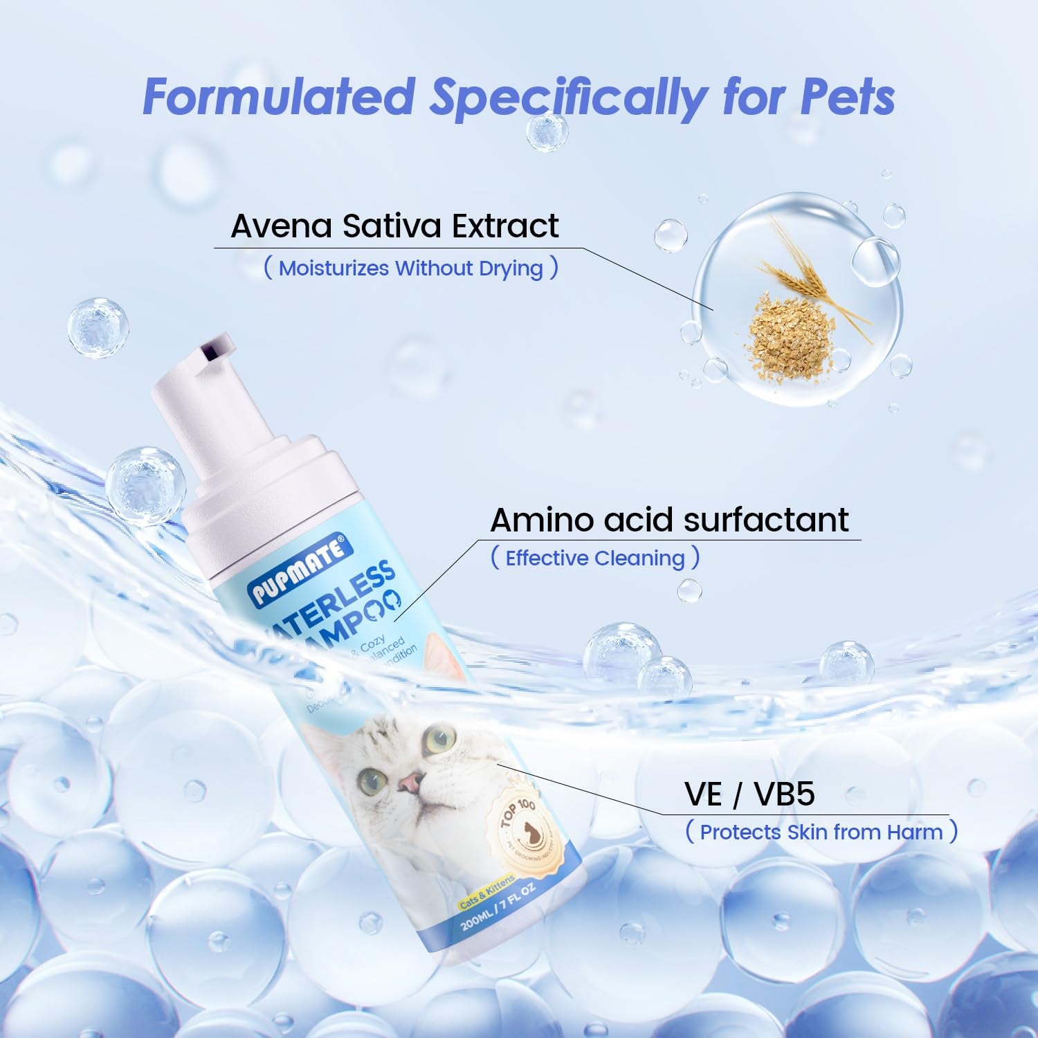 Cat Waterless Shampoo with Brush - No Rinse Formula for Quick Clean between Baths, Hypoallergenic & Detangling, Reduce Itchy Ski