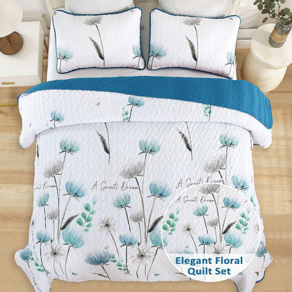 Floral Quilt Set Queen Size Teal Bedspread Coverlet Botanical 3 Pieces Summer Quilts Microfiber Lightweight Blue Bedsprea