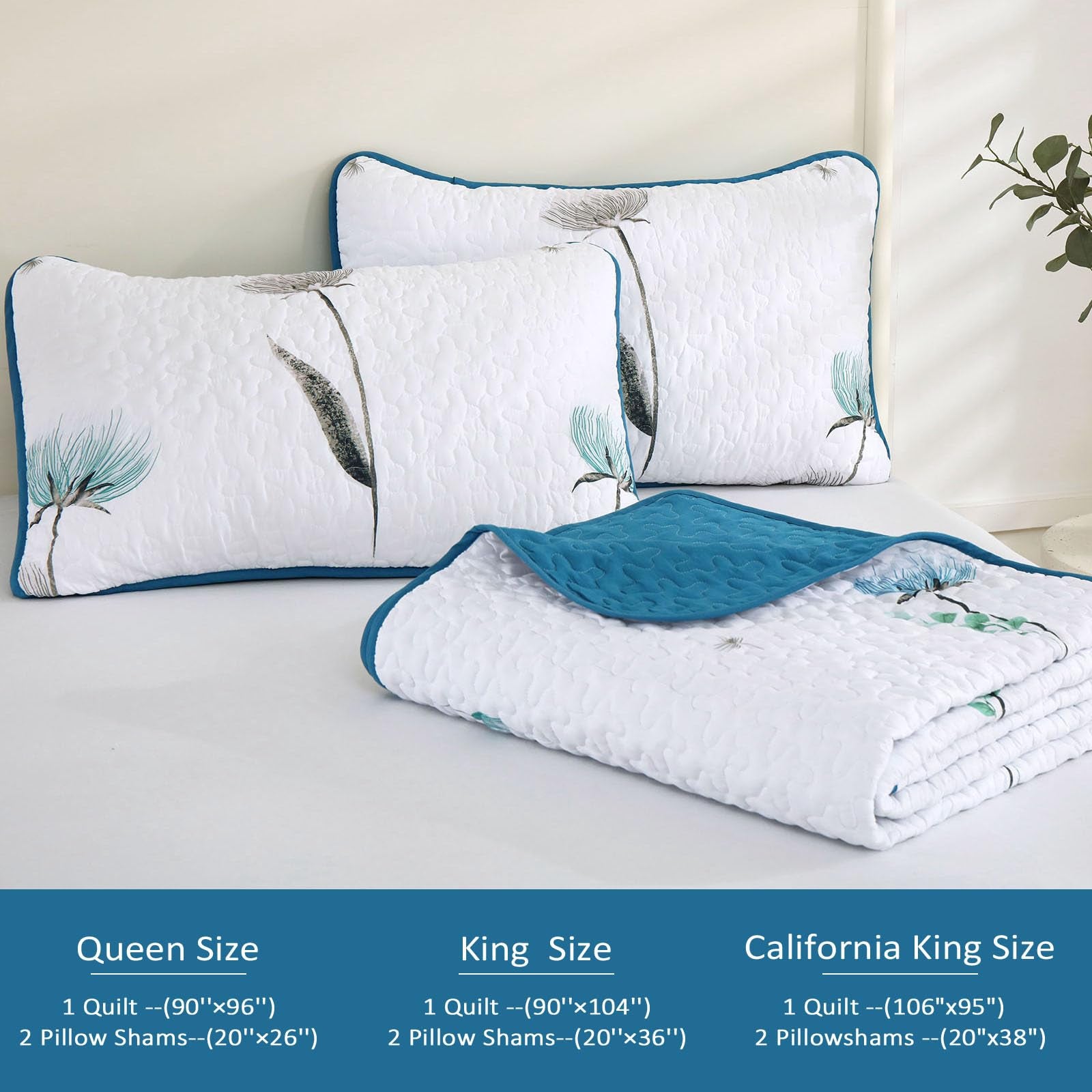 Floral Quilt Set Queen Size Teal Bedspread Coverlet Botanical 3 Pieces Summer Quilts Microfiber Lightweight Blue Bedsprea