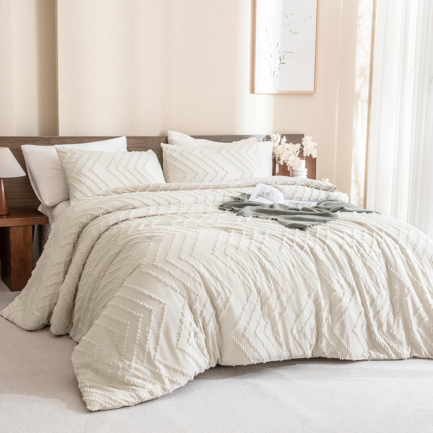 Queen Comforter Set Beige Comforters Queen Size Boho Cream Soft Warm Tufted Neutral Bedding Comforter Sets for Queen Bed