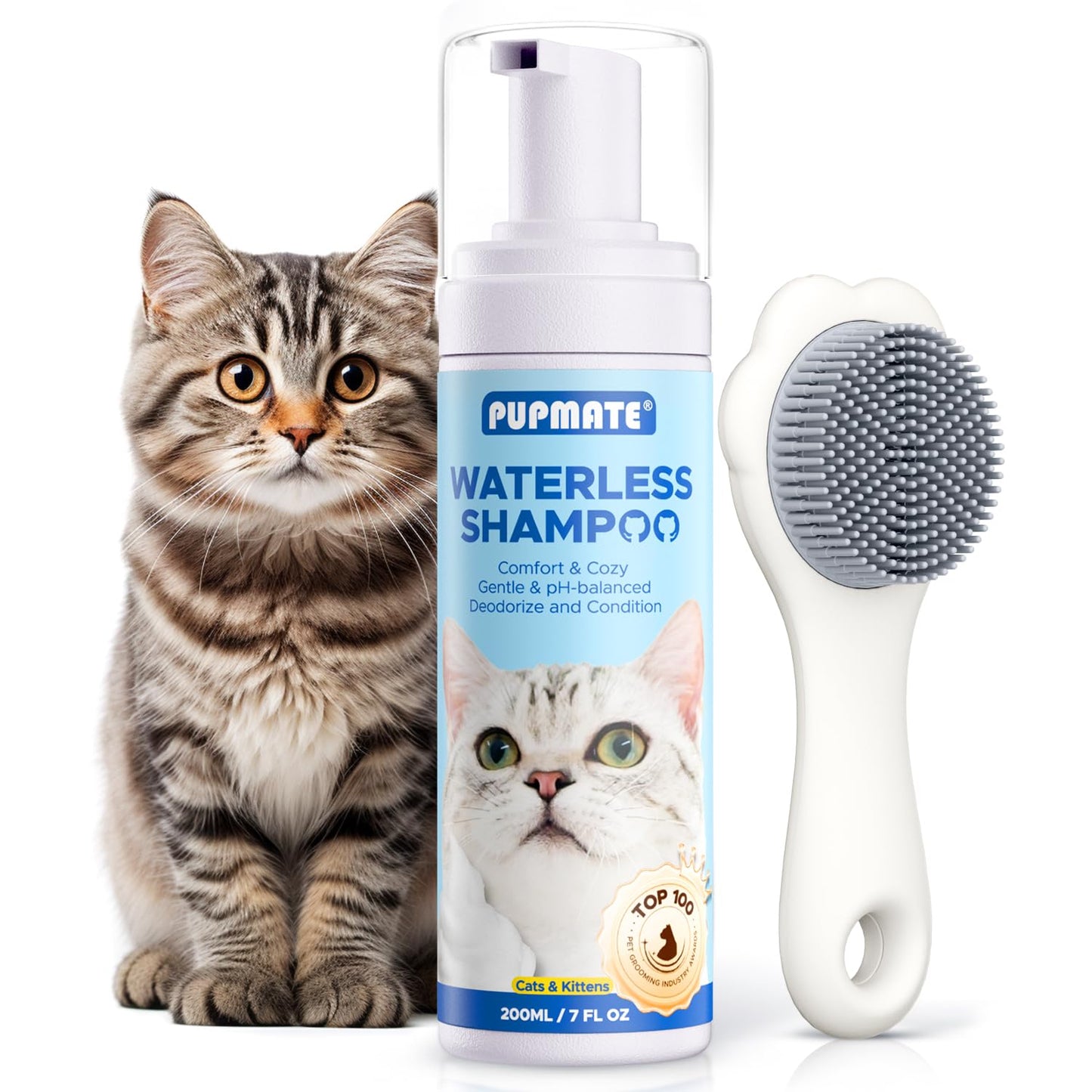 Cat Waterless Shampoo with Brush - No Rinse Formula for Quick Clean between Baths, Hypoallergenic & Detangling, Reduce Itchy Ski